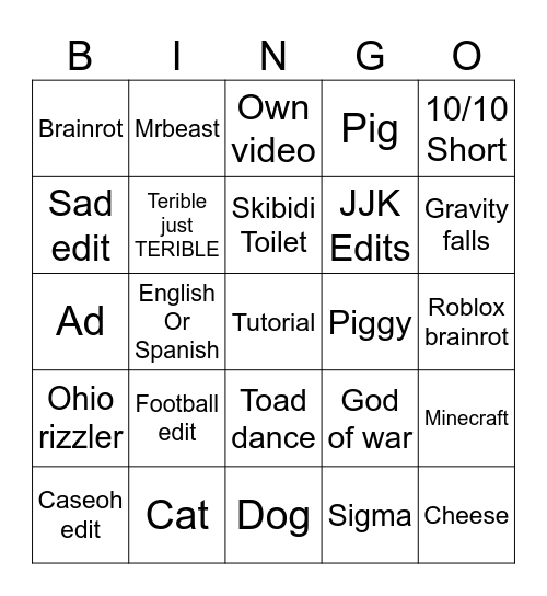 Youtube Shorts bingo by cheez Bingo Card