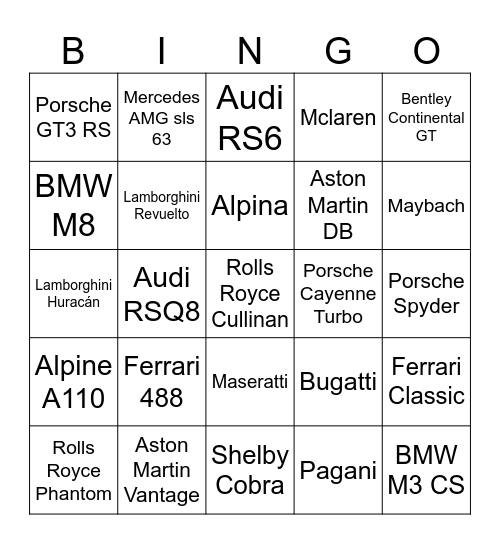 Monaco Car Spotting Bingo Card