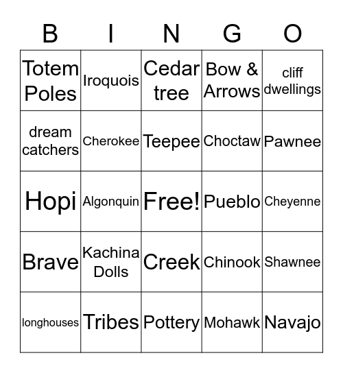 Native American Bingo  Bingo Card