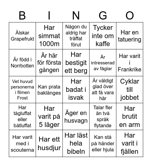 Mingla runt och hitta en person som passar för varje påstående. När du har kryssat 5 påståenden i rad ropar du BINGO! Om du frågar samma person om flera påståenden är det FUSK! Bingo Card