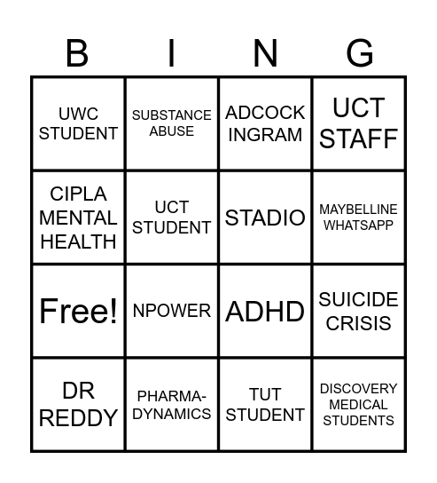 SADAG Bingo Card