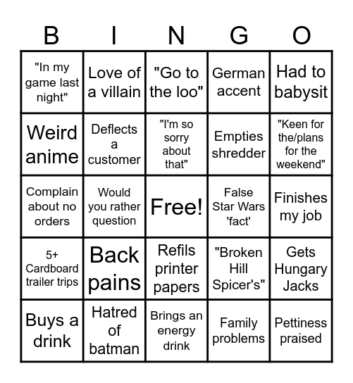 Cooper Bingo Card