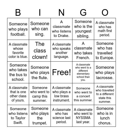 GET TO KNOW THE CLASS BINGO Card