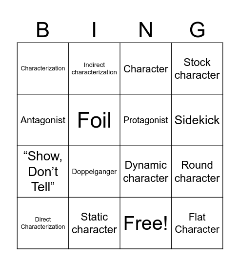 Characterization Bingo Card