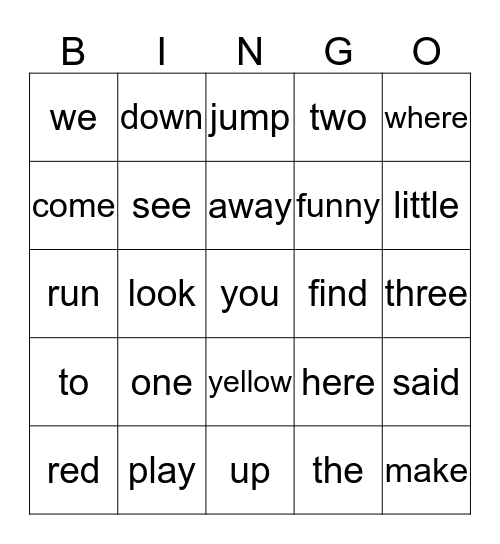 Preprimer Words 2 Bingo Card