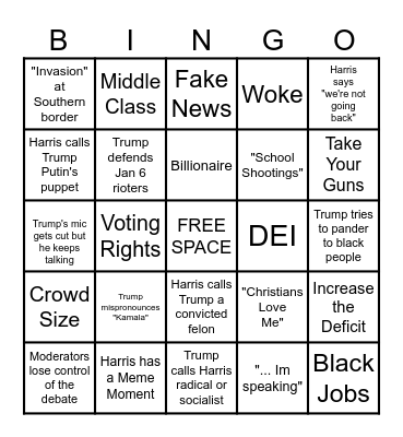 2024 Harris v. Trump Debate Bingo Card