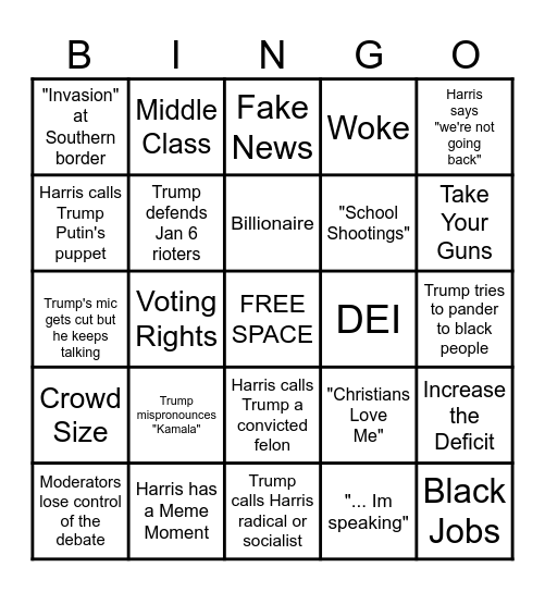 2024 Harris v. Trump Debate Bingo Card