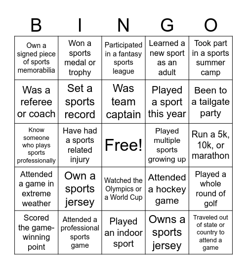 Sports Bingo Card