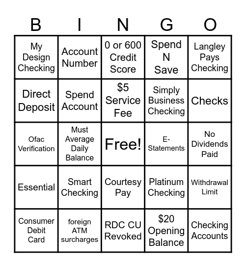 Checking Accounts Bingo Card