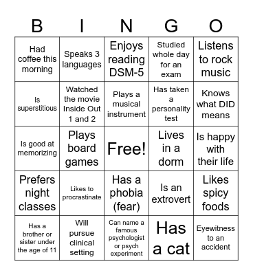 Psychology Icebreaker Bingo Card