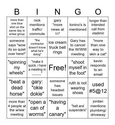 W/WW Team Bingo Card