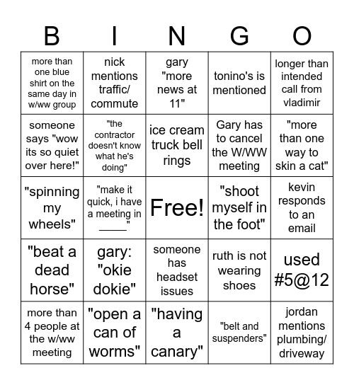 W/WW Team Bingo Card