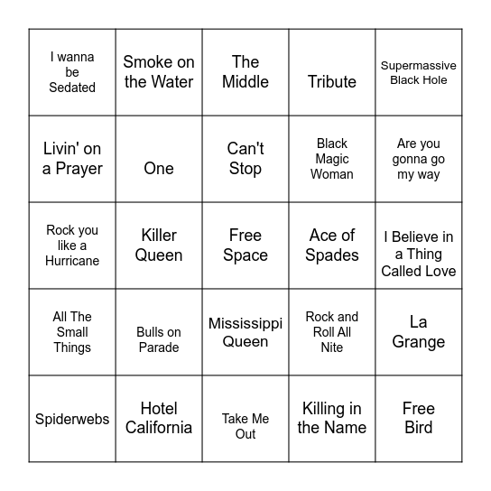 Guitar Hero Bingo Card