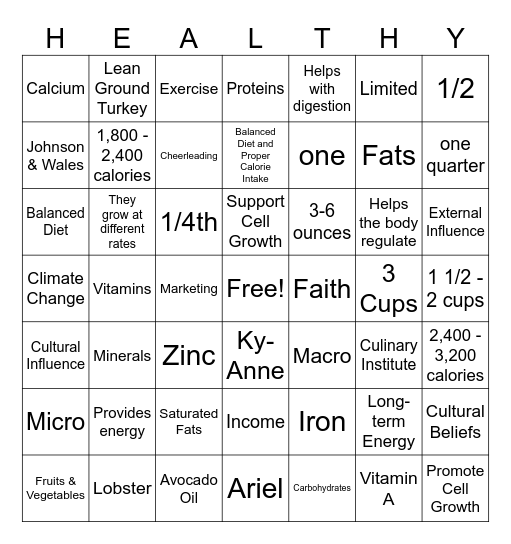 Ms. Moore's Foods 1 Standard 1 Bingo Card
