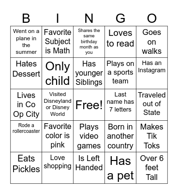 First Day Of School Bingo Card