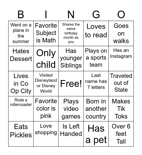 First Day Of School Bingo Card