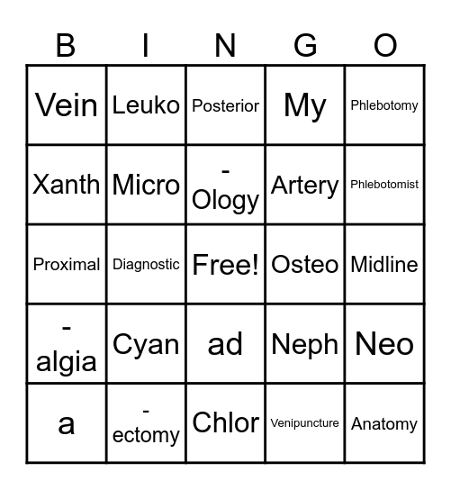 6th Grade Medical Terminology Bingo Card