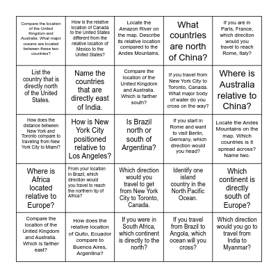 Relative Location Bingo Card