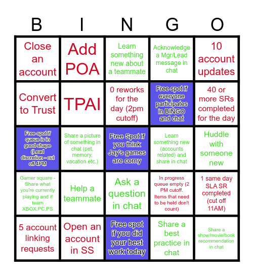 Friday Fun Bingo Card