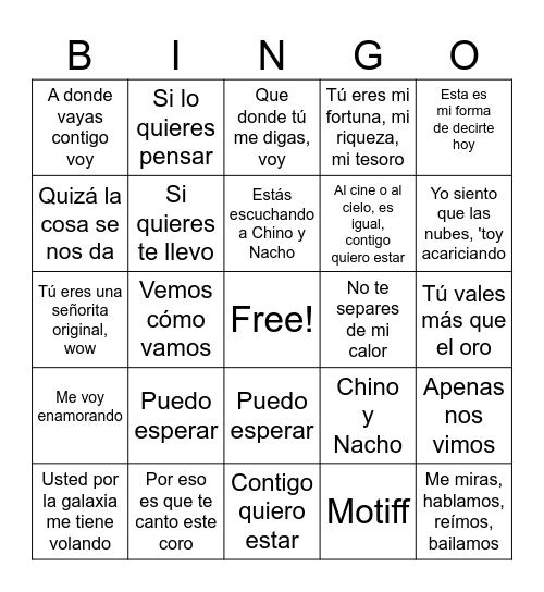 Me Voy Enamorando Bingo Card