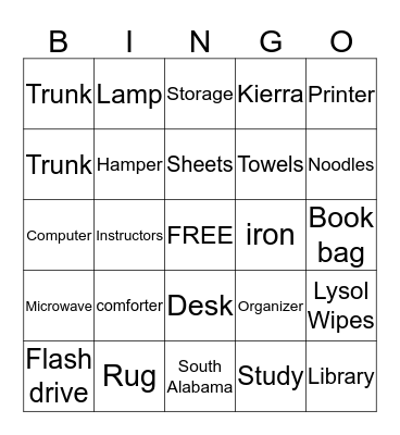 College Bingo Card