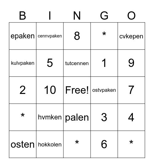 Numbers Bingo Card