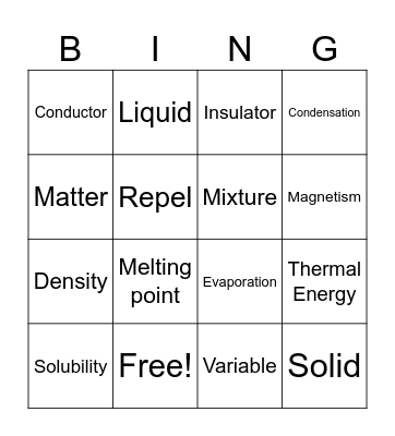 Physical Properties Review Bingo Card