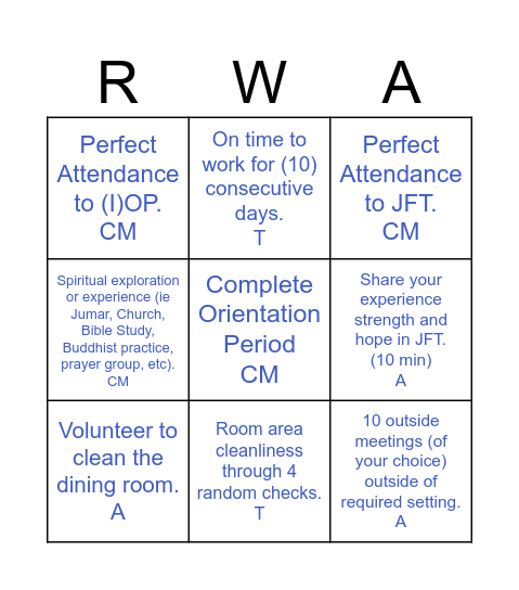 Recovery Bingo Card