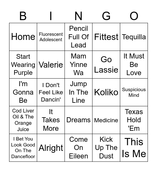 Dorah's 20th Birthday Jukebox Bingo Card