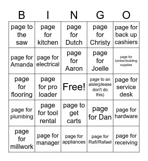 Overhead Bingo Card