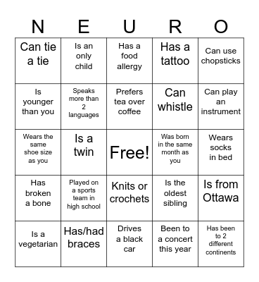 Get to know you bingo! Bingo Card