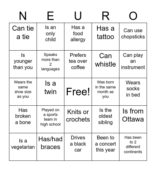 Get to know you bingo! Bingo Card