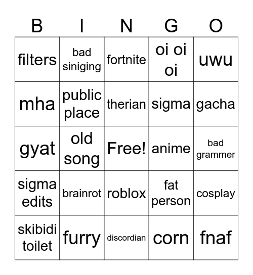 cringe bingo Card