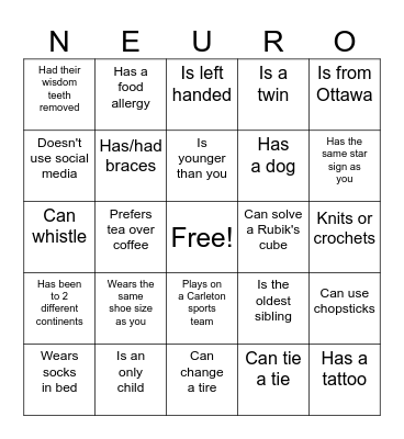 Get to know you bingo! Bingo Card