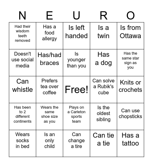 Get to know you bingo! Bingo Card