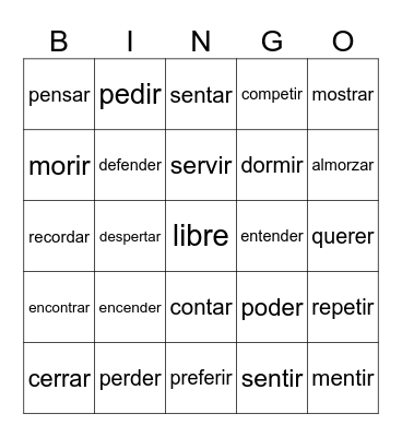 Stem-Changing Verbs Bingo Card