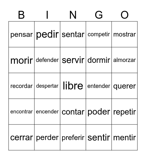 Stem-Changing Verbs Bingo Card