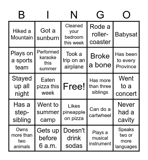 Classroom Bingo Card