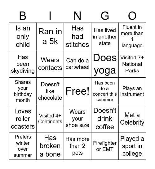 Ice Breaker Bingo Card