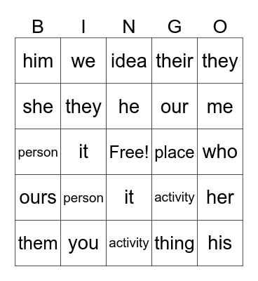 English bingo Card
