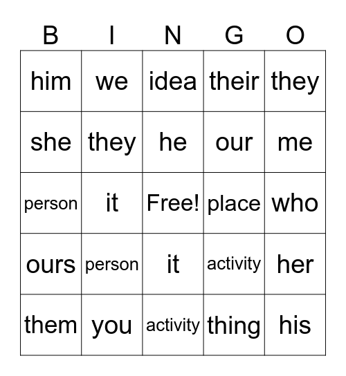 English bingo Card