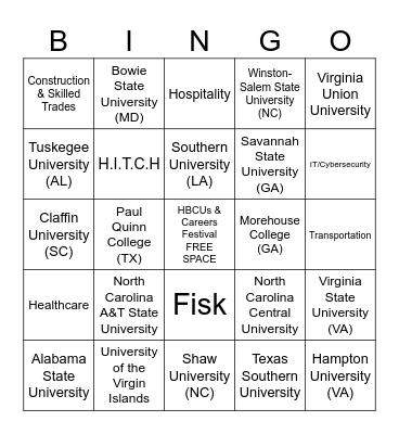 HBCUs and Careers Festival Bingo Card