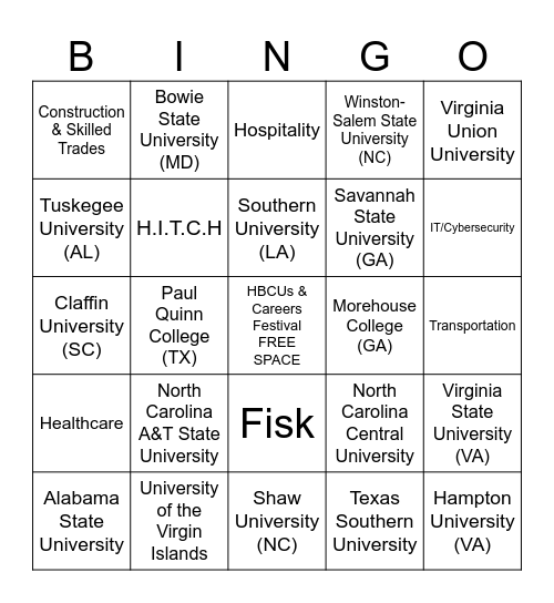 HBCUs and Careers Festival Bingo Card