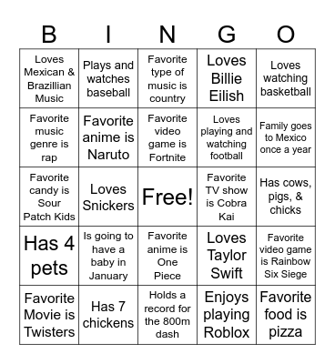 Class Bingo (per 2) Bingo Card