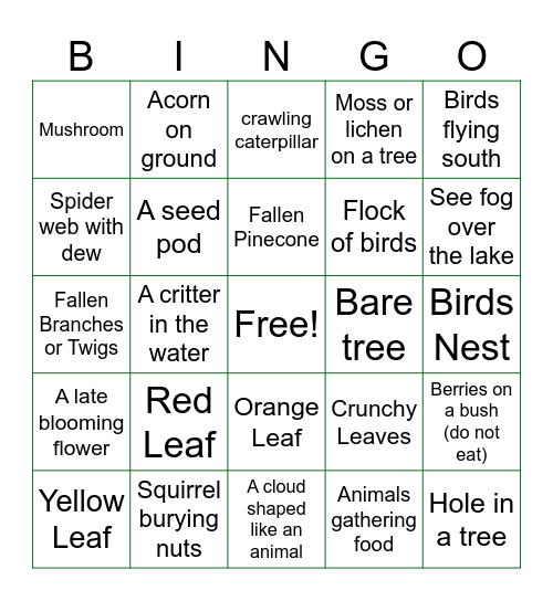 Cane Creek Park Fall Bingo Card