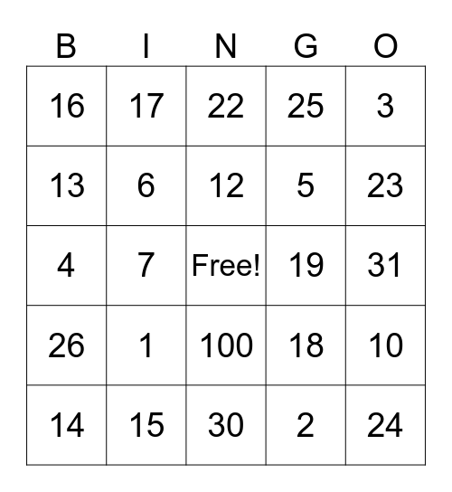 Spanish number Bingo Card
