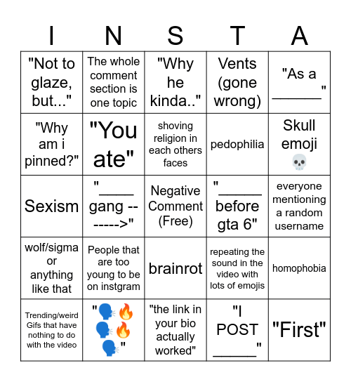 Instagram Comments Bingo Card