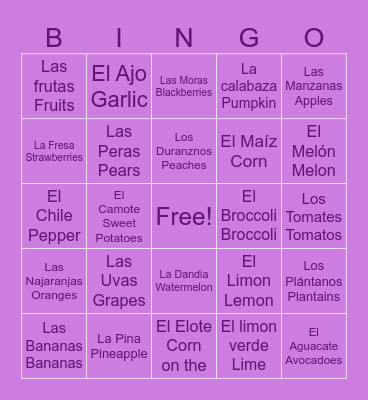 Fruits Spanish Verbs HEHE Bingo Card