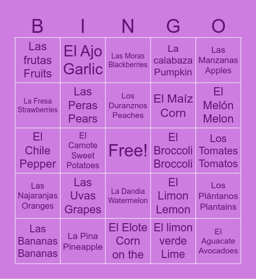 Fruits Spanish Verbs HEHE Bingo Card