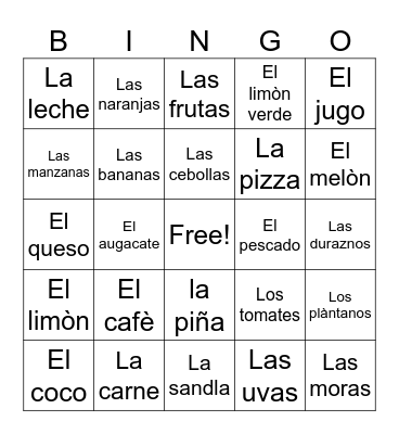 Spanish fruits Bingo Card